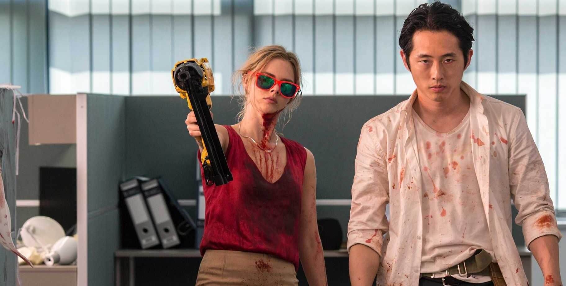 Steven Yeun and Samara Weaving in the 2017 horror movie 'Mayhem'.