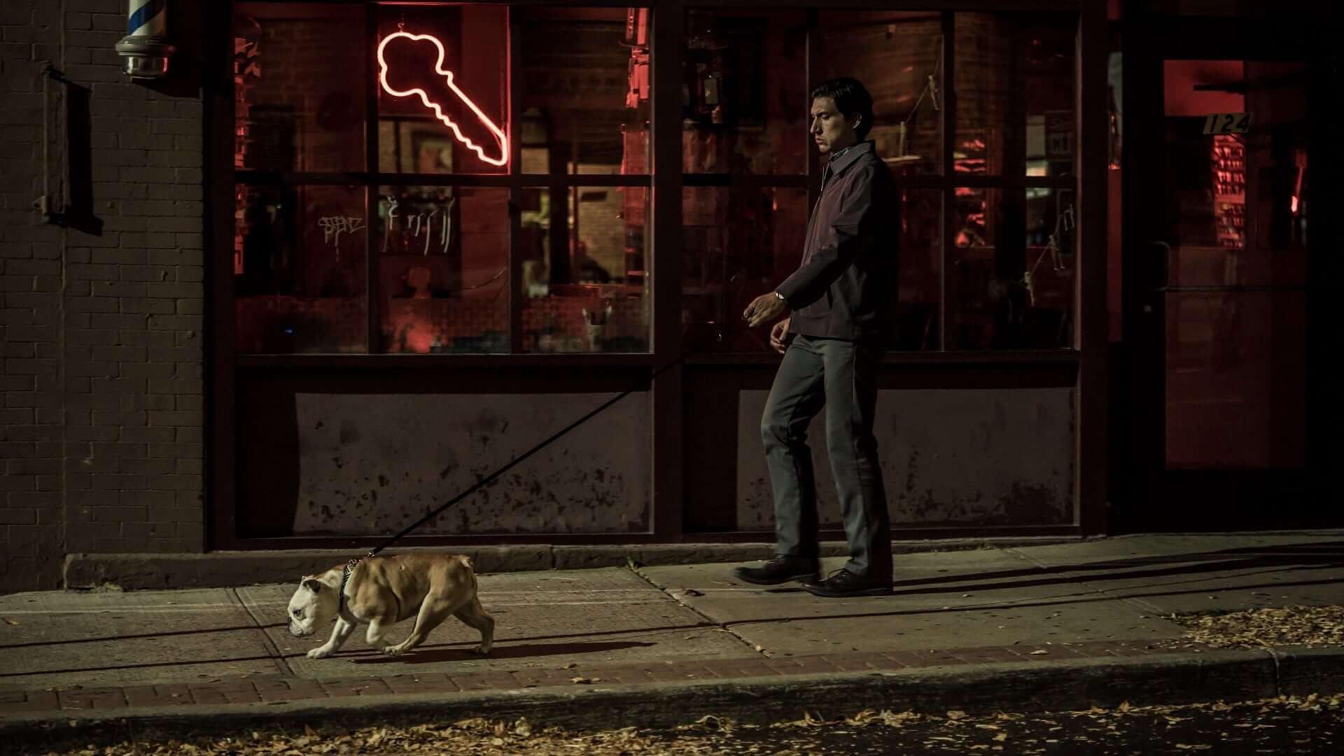 Adam Driver walking dog at night in Paterson