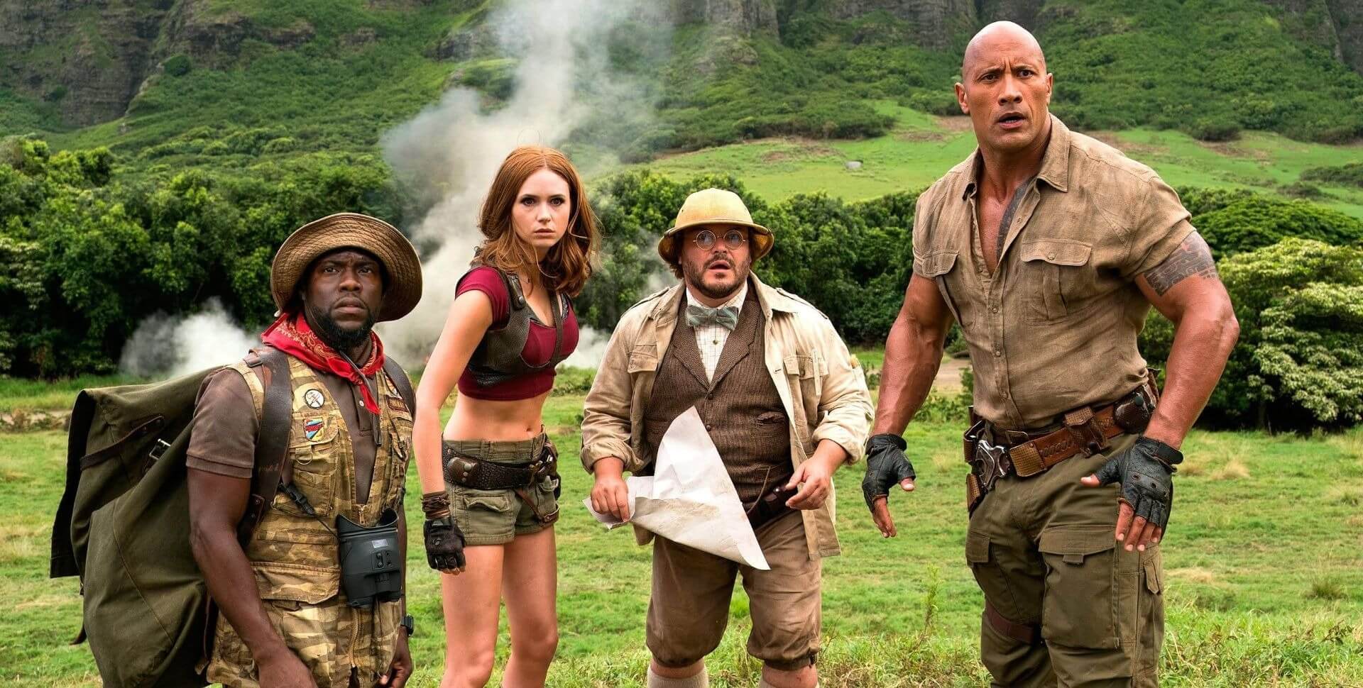 Image of Kevin Hart, Jack Black, Dwayne Johnson and Karen Gillan in Jumanji 2 Welcome to the Jungle