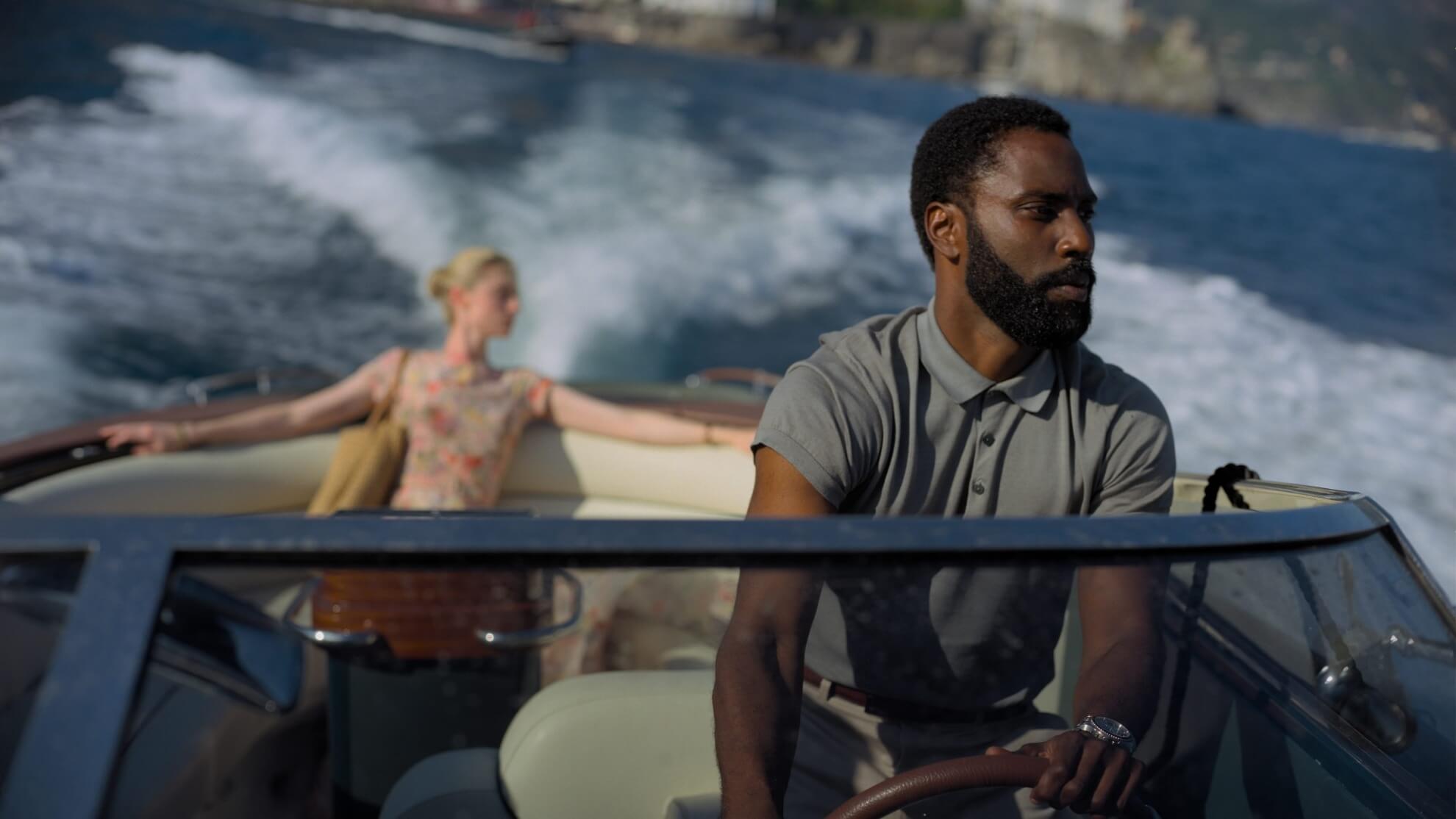 Still from Tenet - On the water - Elizabeth Debicki and John David Washington