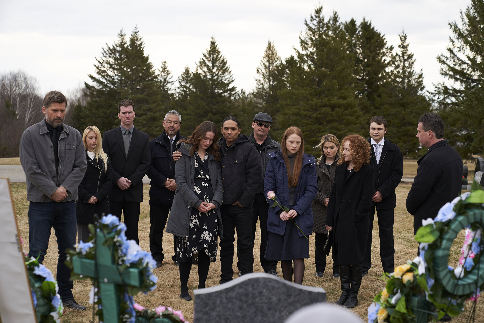 Still from The Silencing (2020) - Nikolaj Coster-Waldau at Memorial Service