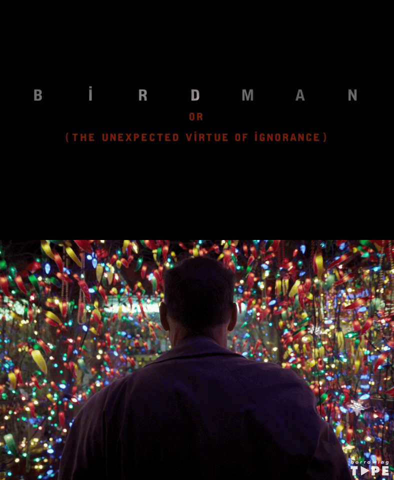 Title card and film still of Birdman (2014)